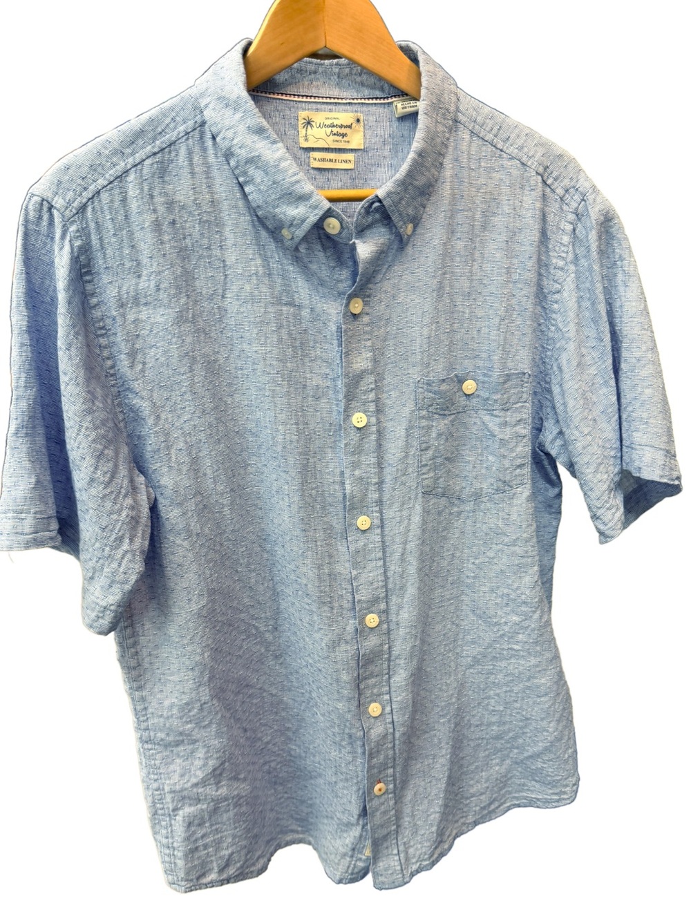 Weatherproof Vintage Men’s Washable Linen Cotton Short Sleeve Button Down Shirt